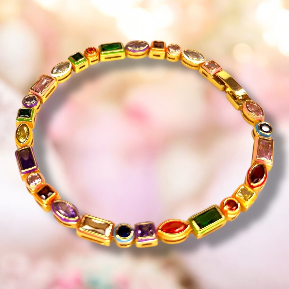 Hand Enameled Rainbow Amethyst, Ruby, Sapphire Bracelet in Gold - Picture 10 of 11